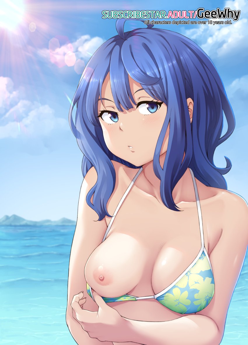 1girls :o ahoge areolae bare_shoulders beach bikini bikini_pull bikini_top blue_eyes blue_hair bra bra_pull breast_out breasts breasts_out collarbone exposed_breasts female female_only ghettoyouth highres light-skinned_female light_skin looking_away make_heroine_ga_oo_sugiru! medium_breasts medium_hair nipples one_breast_out parted_lips presenting presenting_breast sea sky solo tagme yanami_anna