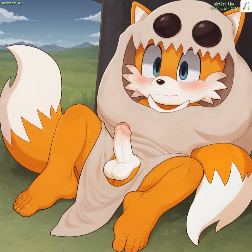 1boy ai_generated airtist_the_artificial anthro balls big_eyes big_feet big_head blue_eyes blush canine fox fox_boy furry furry_male ghost ghost_costume ghost_sheet grass halloween huge_feet looking_at_viewer lying male male_only miles_tails_prower mobian_(species) mountain multi_tail nervous patreon penis sea sonic_(series) sonic_the_hedgehog_(series) tagme tails tails_the_fox testicles white_fur yellow_fur yiff young younger_male