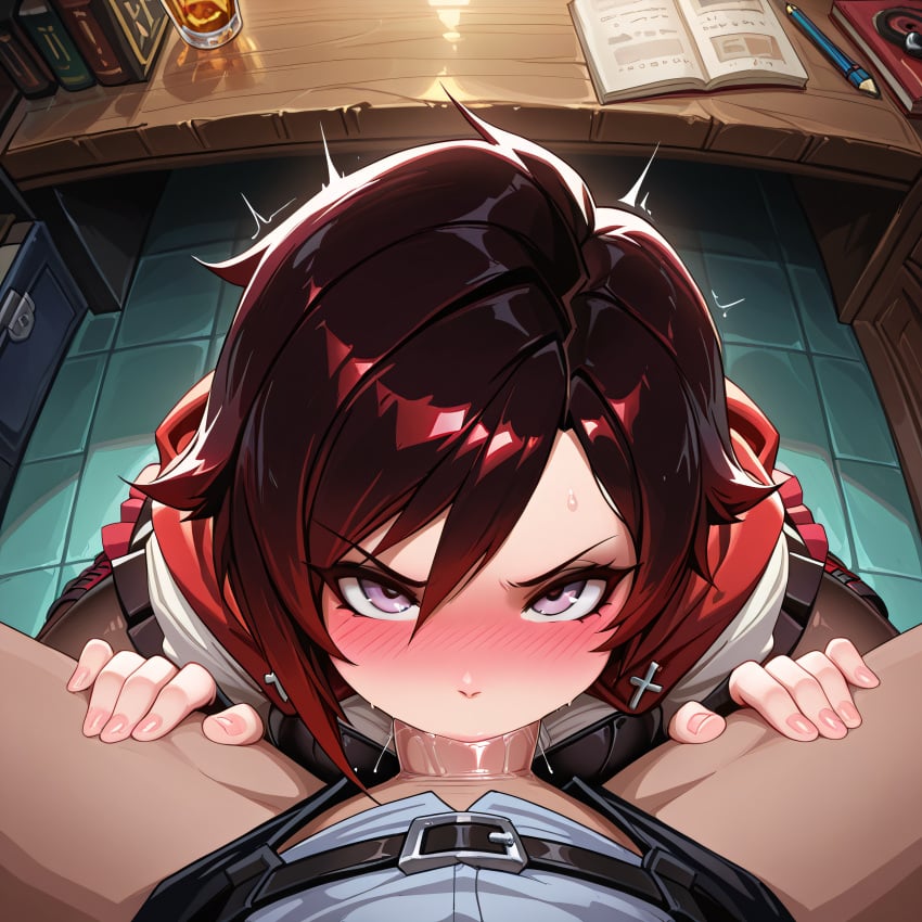 1boy 1girls ai_generated blush classroom clothed darkwolfgang deepthroat fellatio female looking_at_viewer male oral oral_sex penis pov red_hair ruby_rose rwby silver_eyes tagme