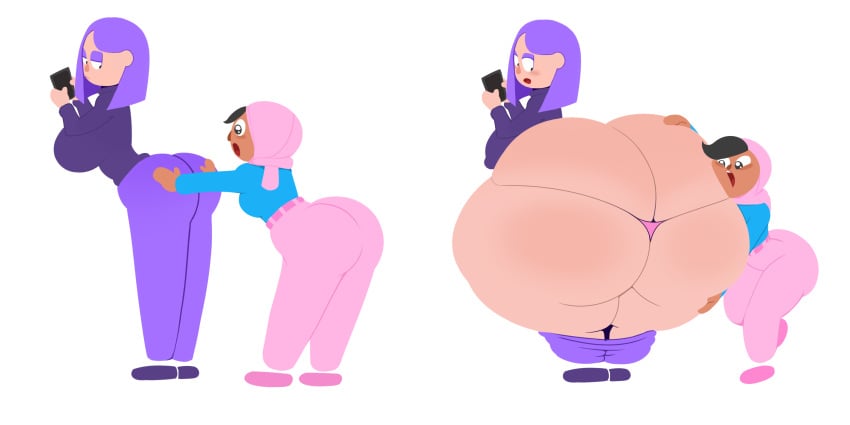 2girls ass ass_bigger_than_body ass_bigger_than_head ass_bigger_than_torso ass_expansion ass_focus ass_worship back_view ber00 bermasin big_ass black_hair blush duo duolingo female female_only hammerspace hammerspace_ass hands_on_ass hijab huge_ass lily_(duolingo) pants_down phone pulling_down_pants purple purple_hair repost tagme thong transparent_background underwear zari_(duolingo)