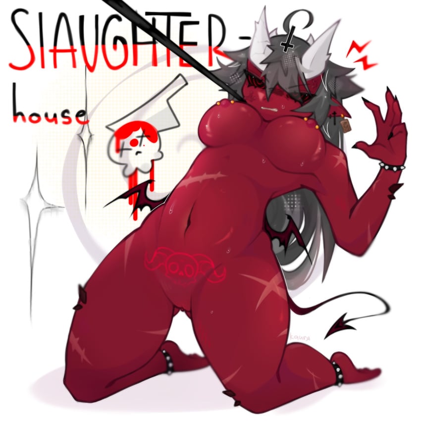 amputee breasts demon_girl extreme_demon female female_only fully_naked fully_naked_female fully_nude geometry_dash goth goth_girl grey_hair horns kauryazxc leash leash_pull missing_arm nipple_piercing nude nude_female pussy red_skin slaughterhouse_(geometry_dash) tail