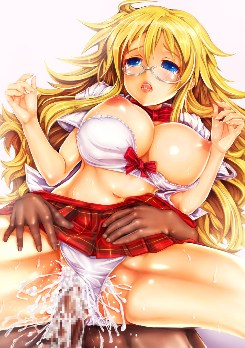 ben-tou blonde_hair blue_eyes bra bra_pull breast_slip breasts censored cum cum_inside glasses highres interracial large_breasts lingerie long_hair midriff navel nipples one_breast_out open_mouth panties panties_aside penis pleated_skirt school_uniform sex shaga_ayame skirt solo teruru underwear