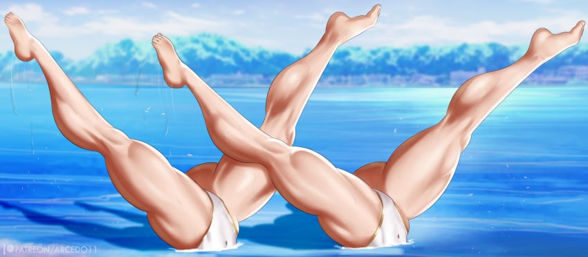 2girls arcedo big_ass feet feet_up female fire_emblem fire_emblem_heroes head_out_of_frame intelligent_systems lake leg_focus legs legs_apart legs_spread loki_(fire_emblem) lower_body lower_body_focus muscular muscular_female muscular_legs muscular_thighs navel_visible_through_clothes nintendo partially_submerged splashing synchronized_swimming thick_thighs thighs thorr_(fire_emblem) toned toned_female toned_legs toned_thighs