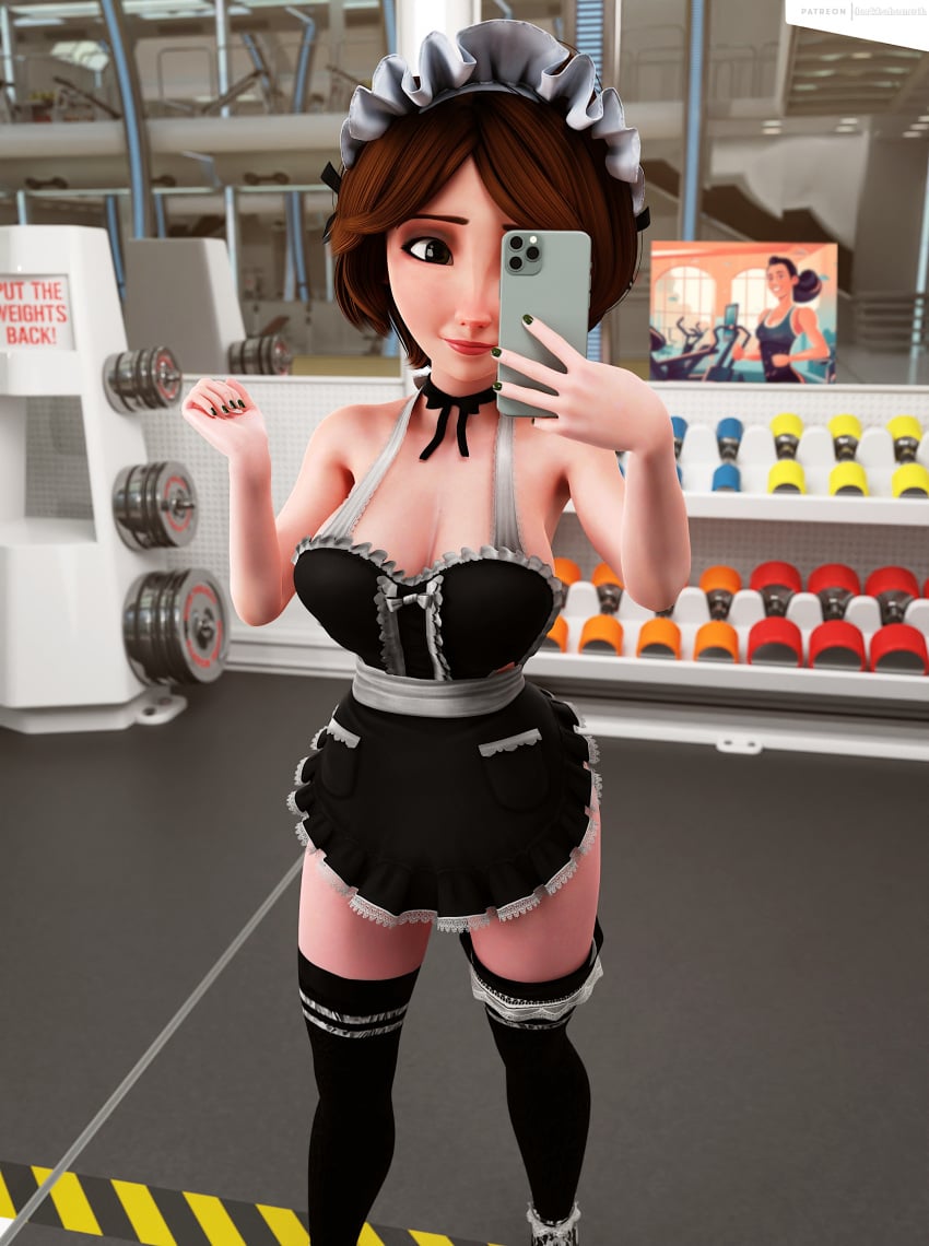 1girls 3d big_breasts big_hero_6 breasts brown_hair cass_hamada darkbahamuth dress eyeshadow female female_focus female_only green_nails gym hourglass_figure huge_breasts iphone maid maid_dress maid_uniform marvel marvel_comics milf mirror_selfie phone selfie selfie_pose slim_waist solo tagme wide_hips