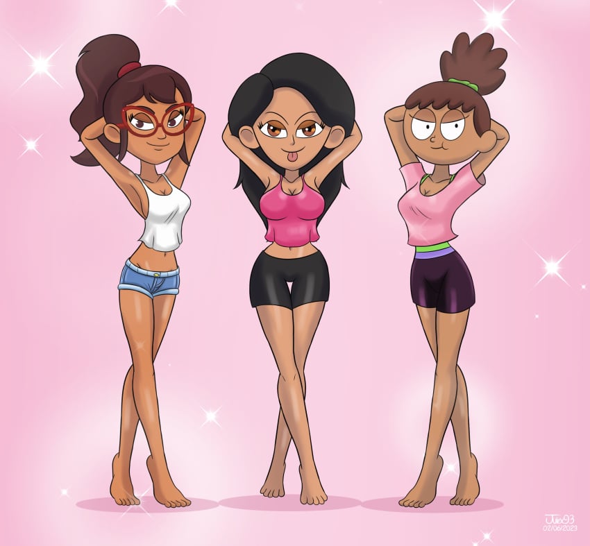 3girls :p :t adventures alternate_version_available amphibia anne_boonchuy asian barefoot cleavage crossover disney disney_channel elizabeth_monaco feet female female_only hailey's_on_it! hailey_banks julex93 latina looking_at_viewer posing smooth_skin