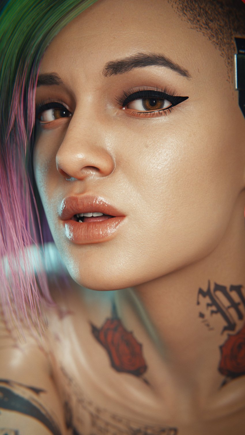 1girls 2023 3d alternate_version_available brown_eyes cat_eyeliner cyberpunk_2077 dyed_hair eyeliner face_closeup female female_only highly_detailed image_set indoors judy_alvarez light_makeup lipstick looking_at_viewer makeup mismatched_eyebrows mouth_open pink_lipstick rescraft shaved_side short_hair solo tattoos_everywhere winged_eyeliner