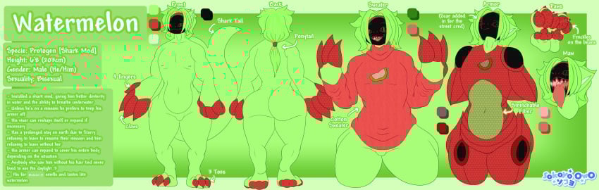 3_toes 4_fingers absurd_res anthro armor ass clothed clothing feet fingers fur green_body green_fur hair hi_res machine male male_focus male_only nipples nude open_mouth partially_clothed pawpads paws ponytail protogen reference_image short_hair sokoyo_owo solo sweater toes topwear watermelon_(sokoyo_owo) wide_hips