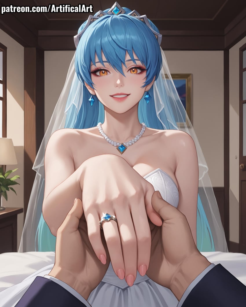 1girls ai_generated artifical_art big_breasts blue_eyes blue_hair breasts bride female hair_ornament league_of_legends light-skinned_female long_hair perfect_body sona_buvelle twintails very_long_hair