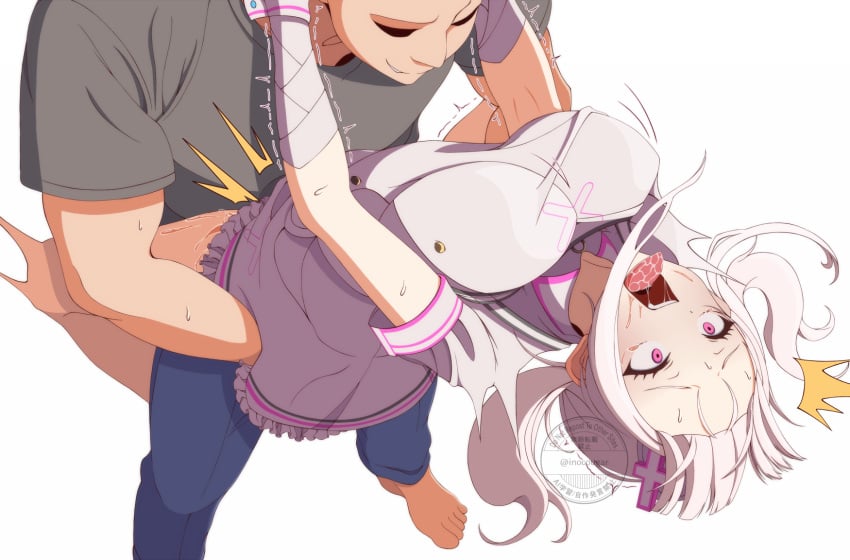 1boy ahoge bandaged_arm bandages blush breasts clothed_sex female gloves grey_hair hair_ornament hair_over_one_eye hat highres inocougar large_breasts long_hair male mole mole_under_eye nijisanji nurse nurse_cap open_mouth purple_eyes sex spread_legs standing standing_sex straight sukoya_kana sukoya_kana_(1st_costume) twintails vaginal_penetration virtual_youtuber white_wrist_cuffs wrist_cuffs x x_hair_ornament