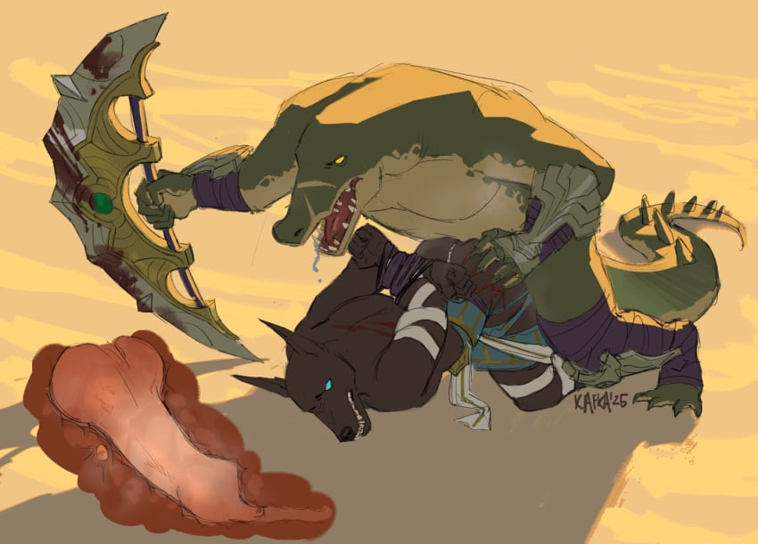 anal anal_sex angry animal_genitalia animal_penis anthro anubian_jackal arms_tied blood blood_splatter bodily_fluids bondage bound canid canine canis clothing crocodile crocodilian crocodilian_penis dominant dominant_male drooling duo genitals incest_(lore) internal internal_anal jackal kafka_(artist) league_of_legends male male/male mammal muscular muscular_anthro muscular_male musk musk_clouds nasus penetration penis questionable_consent renekton reptile restrained restrained_arms riot_games saliva scalie tencent torn_clothing weapon wounded