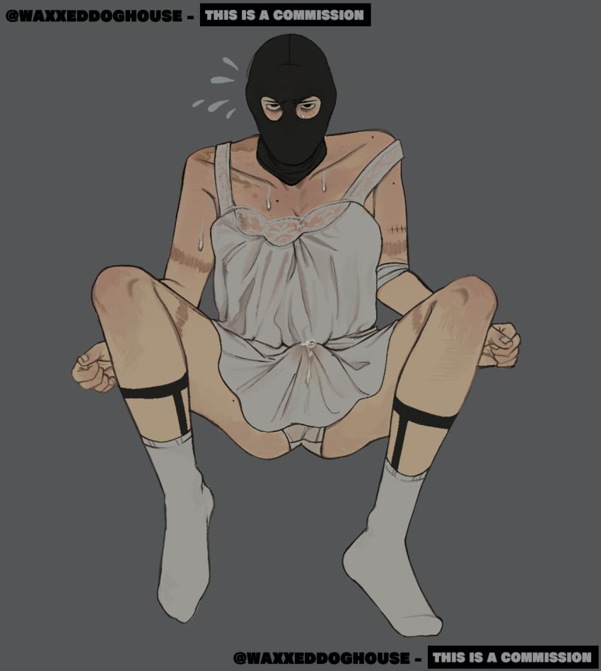 1boy bell_(cod) call_of_duty call_of_duty_black_ops_cold_war commission cum cum_stain eye_contact garter_belt gay gay_male high_socks lingerie lingerie_panties male male_focus male_only moles no_visible_face no_visible_genitalia precum precum_through_clothing rope_burn scar scars socks video_game_character waxxeddoghouse wet_spot white_lingerie