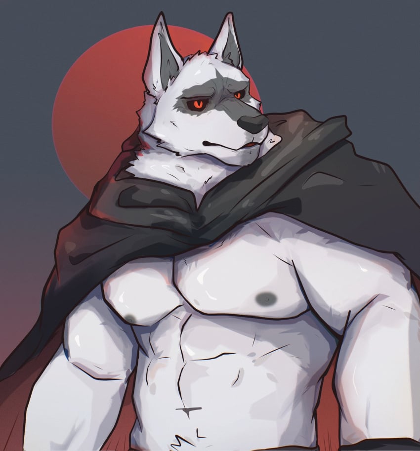 2023 abs anthro barazoku belly_tuft biceps black_cape black_clothing black_sclera canid canine canis cape chest_tuft clothing death_(puss_in_boots) dreamworks dreamworks_animation forearm_muscles front_view grey_background grey_nipples hi_res looking_aside male mammal moon muscular muscular_arms navel nipples nullshark1 pecs puss_in_boots:_the_last_wish puss_in_boots_(dreamworks) puss_in_boots_(film) puss_in_boots_(franchise) puss_in_boots_the_last_wish red_eyes red_moon shrek_(series) simple_background solo triceps tuft universal_pictures universal_studios wolf