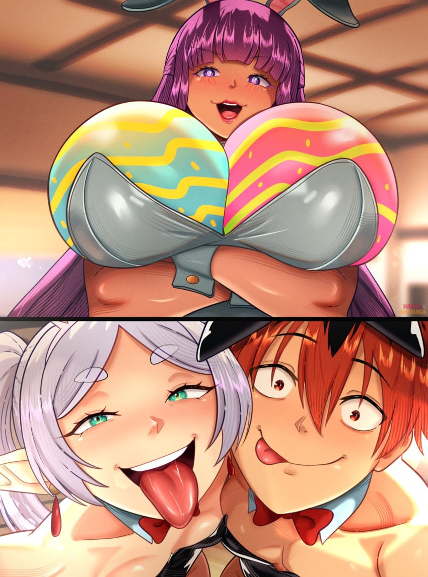 1boy 2girls big_breasts bodypaint breasts breasts_out bunny_ears bunny_girl bunnysuit easter elf elf_ears female fern_(sousou_no_frieren) frieren gigantic_breasts green_eyes hanaarasuka huge_breasts jpg lipstick long_hair male nipples paint painted_breasts playboy_bunny pov purple_hair red_eyes red_hair shadow short_hair small_breasts sousou_no_frieren stark_(sousou_no_frieren) tongue_out twitter_link voluptuous voluptuous_female white_hair
