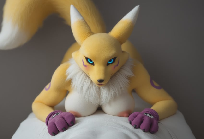 ai_generated anthro anthropomorphic beautiful bedroom big_breasts blue_eyes digimon digimon_(species) female fox furry ontop renamon seductive seductive_look seductive_smile sexy sexy_body sexy_pose wet_pussy ying_yang_symbol