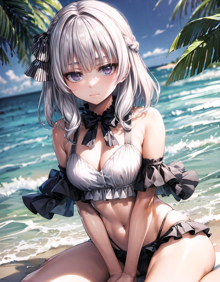 ai_generated beach bikini black_panties emotionless female navel sakayanagi_arisu schoolgirl sea solo white_bikini white_hair youkoso_jitsuryoku_shijou_shugi_no_kyoushitsu_e