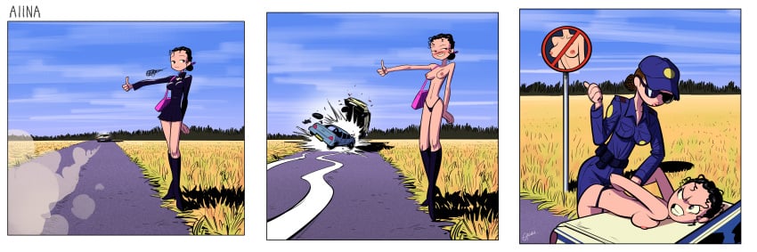 2girls 3koma absurd_res arrest black_hair boots car car_crash comic exhibitionism female female_only garam hitchhiking outdoor_nudity outdoors police police_uniform policewoman public_nudity thong topless