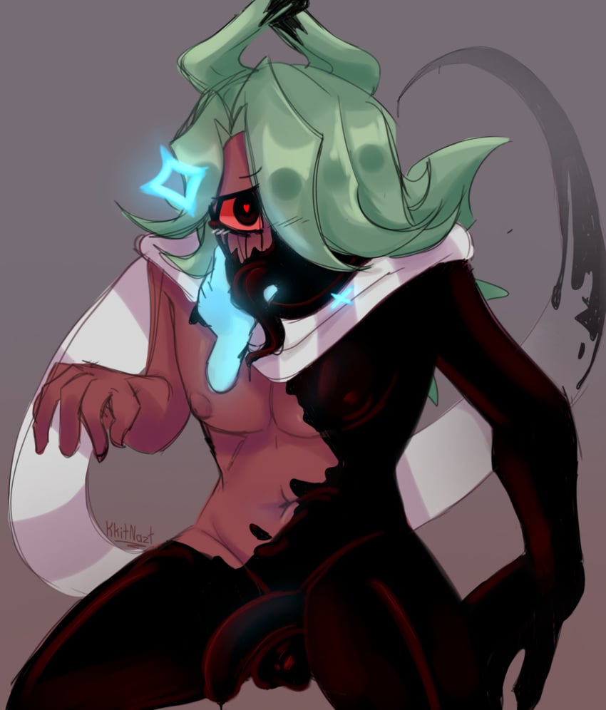 astro_(dandy's_world) black_goo caressing_face dandy's_world erection floating_hands green_hair hand_on_head heart-shaped_pupils kkitnazt long_tongue looking_at_viewer male male_only muscular nipples penis red_skin scarf sitting sparkles sprout_(dandy's_world) thick_thighs touching_tongue twisted_astro_(dandy's_world) twisted_sprout_(dandy's_world)