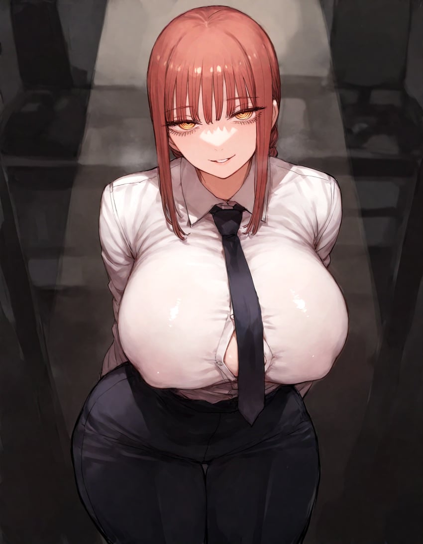 1girls ai_generated braid braided_ponytail breasts button_gap chainsaw_man covered_nipples female gigantic_breasts goonedoutp3rv huge_breasts leaning_forward long_hair looking_at_viewer makima_(chainsaw_man) naughty_face necktie pants ponytail red_hair shirt skin_tight solo solo_female thick_thighs thigh_gap thighs wide_hips yellow_eyes