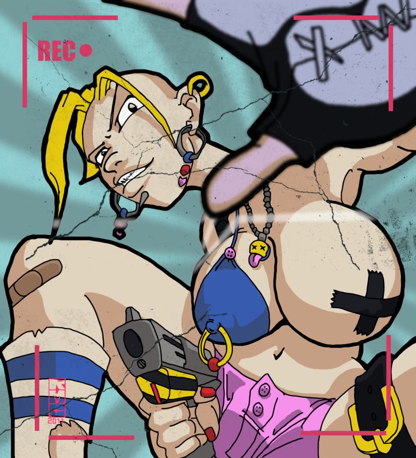 1girls bandaid big_breasts blonde_hair breasts camera_view ear_piercing earrings expansion facial_piercing female female_only fingerless_gloves gun inflation navel necklace nipple_piercing nipple_ring nipple_tape pistol post-apocalyptic rebecca_buck shiftymcgearjam shorts solo solo_female tank_girl torn_socks