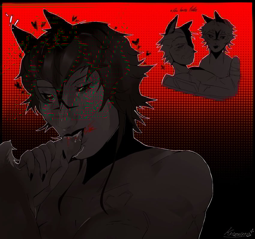 bat_ears beastkin biting black_lipstick black_sclera blood blood_sucking boyfriend_to_death cum_in_mouth ero_guro fangs fox_ears krimoirre licking markings oc oc_x_canon purple_hair ren_hana scars the_price_of_flesh tip_stimulation torture vampire