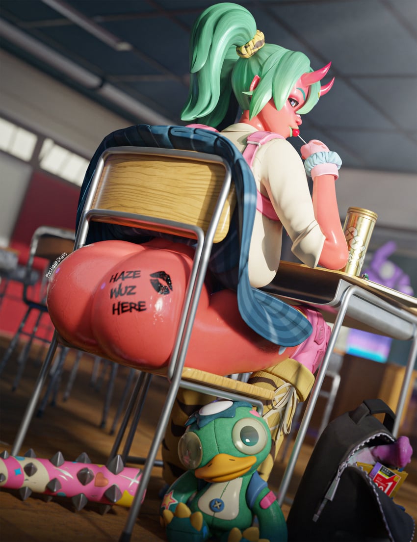 3d 3d_(artwork) blender blender_(software) body_markings breasts exposed_ass flashing fortnite fortnite:_battle_royale green_hair huge_butt llama mystiqueskulls nemia_(fortnite) red_skin school_uniform schoolgirl teasing thighs twintails