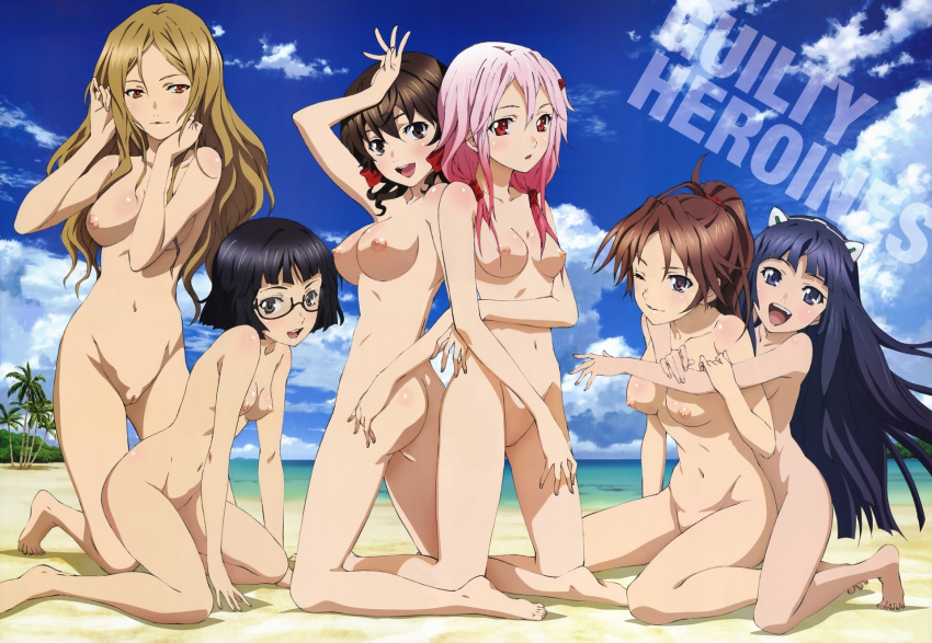 6+girls 6girls ass barefoot beach blonde_hair blue_eyes blue_hair breasts brown_eyes brown_hair feet glasses guilty_crown highres hug kneeling koizuka_masashi kuhouin_arisa kusama_kanon long_hair megami_magazine menjou_hare multiple_boys multiple_girls nipples nude nude_filter open_mouth outdoors photoshop pink_hair pussy red_eyes shinomiya_ayase short_hair tsugumi_(guilty_crown) uncensored yuzuriha_inori