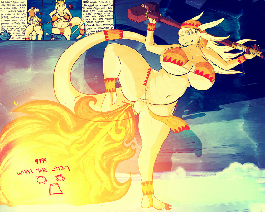 2011 abstract_background angry anthro ass big_breasts blonde_hair blue_eyes bottomless breasts chubby cleavage dragon english_text female fire fire_fart hair herro hindpaw huge_breasts loincloth long_hair looking_down nails navel nude paws pussy skimpy standing tail text thighs wide_hips yellow