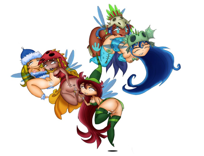 5girls annetta_fish_(rayman) ass betilla_(rayman) breasts edith_up_(rayman) fairy fairy_wings female female_only hair helena_handbasket_(rayman) holly_luya_(rayman) incest mrmayhemm multiple_girls nipples nymph_(rayman) oddrich orgy pussy_juice rayman_(series) rayman_origins red_hair sex white_background wings yuri