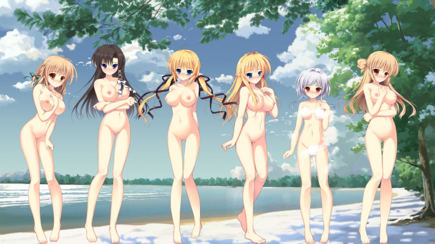 6girls akigase_nozomi barbie_doll_anatomy beach bent_over black_hair blonde_hair blue_eyes blue_sky braid braids breasts brown_eyes brown_hair convenient_censoring erect_nipples feet haruno_kaede kazamatsuri_koromo kazamatsuri_mana long_hair manatsu_no_yoru_no_yuki_monogatari multiple_girls neuter nipples no_genitals no_pussy nude ocean pointy_chin pose pov purple_eyes red_eyes sakura_haruno_(manatsu_no_yoru) sand shinjou_yukina shore short_hair silver_hair sky tree water