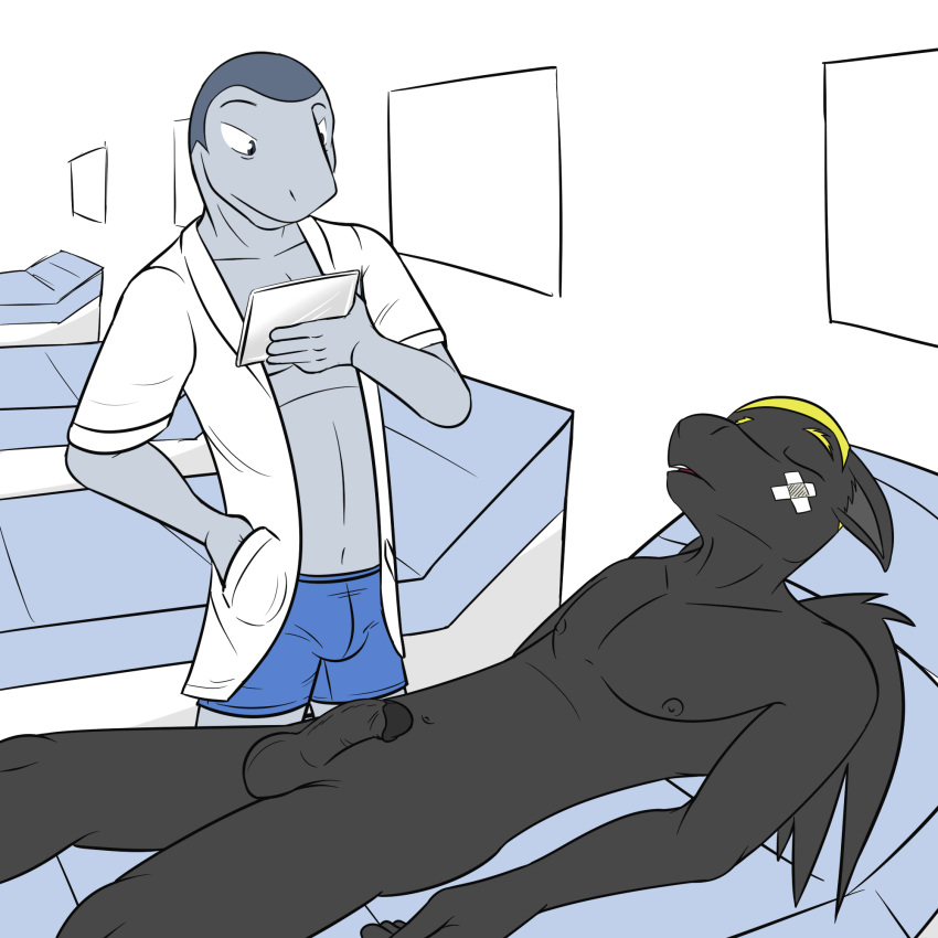 anthro bed chair coat doctor equine erection examination fish fuze hi_res humanoid_penis inside knockout lying male male_only mammal marine medical nude on_back on_bed pegasus penis shark simple_background wings