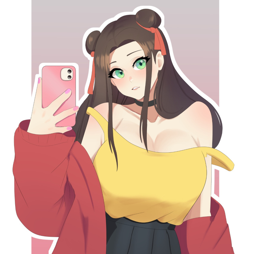 big_breasts big_titties breasts brown_hair clothing curvaceous curvaceous_female curvaceous_figure curvy curvy_figure curvy_hips female female_focus female_only green_eyes long_hair looking_at_viewer masterdestroyzj original original_character