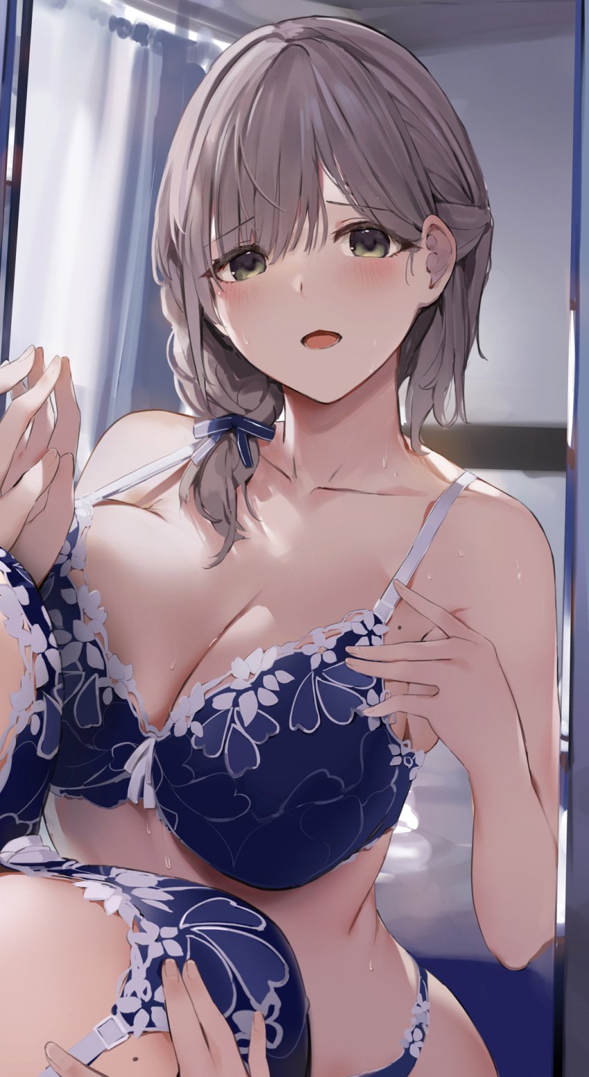 1girls bare_shoulders bare_stomach big_breasts blue_bra blue_panties blue_underwear blush bra bra_strap braided_hair breasts curvy curvy_body curvy_female curvy_figure female female_focus female_only frilled_bra frilled_panties frilled_underwear gray_hair green_eyes hair_ornament hair_ribbon hololive hololive_fantasy hololive_japan lace_bra lace_panties lace_underwear mirror niii_(memstapak) panties pantsu shirogane_noel short_hair solo standing surprised underwear_only virtual_youtuber