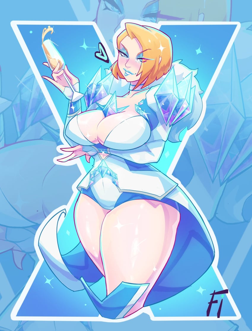 1girls alternate_version_at_source alternate_version_available big_breasts big_thighs biting_lip biting_own_lip blonde_female blonde_hair blue_lipstick bob_cut cleavage cleavage_overflow emma_frost emma_frost_(marvel_rivals) fanart female frostedink huge_breasts large_breasts marvel marvel_comics marvel_rivals pinup sfw thick_legs thick_thighs thunder_thighs thunderthighs
