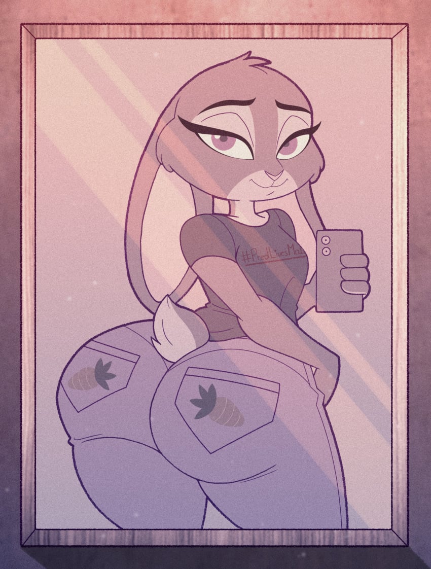 1girls anthro ass big_ass bubble_butt cellphone clothing fat_ass female female_only huge_ass judy_hopps kinggargantuas lagomorph large_ass looking_at_viewer looking_back mirror mirror_reflection mirror_selfie phone png rabbit reflection selfie solo thick_ass thick_thighs wide_hips zootopia
