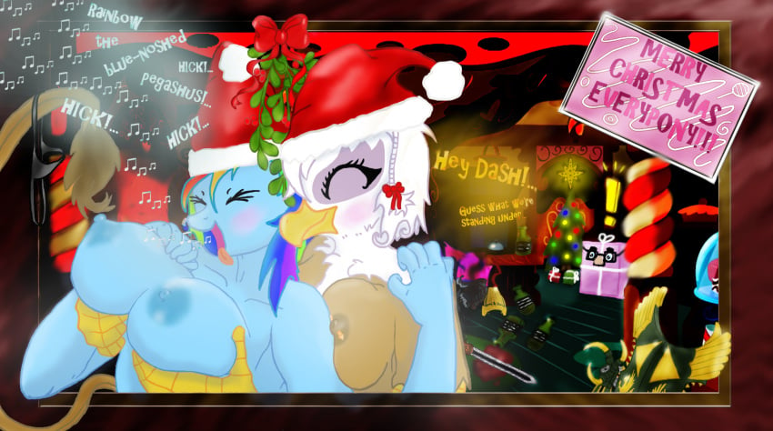 anthro avian big_breasts breast_fondling breasts christmas equine female fondling friendship_is_magic gilda_(mlp) gmeiden gryphon holidays horse my_little_pony nipples pegasus pinkie_pie_(mlp) pony rainbow_dash_(mlp) singing smooth_skin tail wings yuri