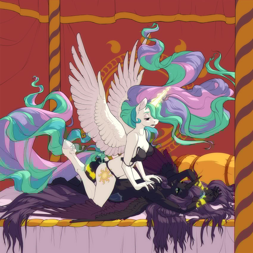 1:1 absurd_res anthro bed bedroom bra breasts clothing dominant duo female female/female friendship_is_magic furniture gor1ck hasbro hi_res my_little_pony nyx_(mlp) princess_celestia_(mlp) underwear wings