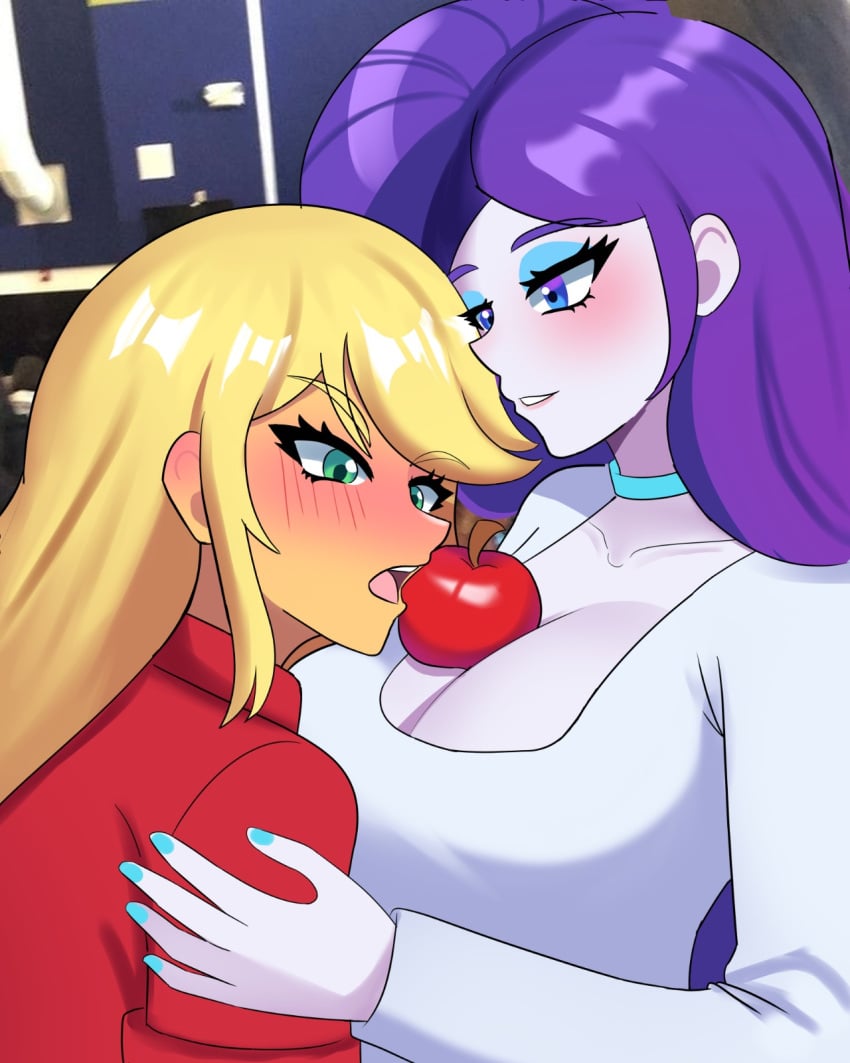 2d 2girls applejack_(eg) applejack_(mlp) big_breasts big_titties blue_eyes breasts clothing digital_media equestria_girls female female_only green_eyes long_hair masterdestroyzj my_little_pony purple_hair rarity_(eg) rarity_(mlp) rubber white_skin yellow_hair yellow_skin yuri