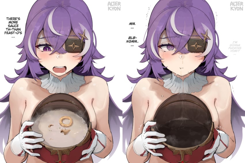 alterkyon chevreuse_(genshin_impact) cum_drinking cum_in_hat disgusting drinking_cum eyepatch female gagging genshin_impact gloves gokkun purple_eyes purple_hair shivering tagme tearing_up