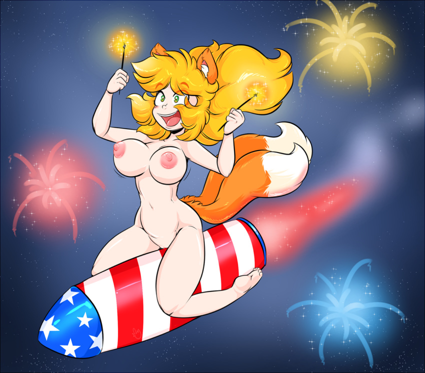 2016 2_tails 4th_of_july 5_fingers animal_humanoid areola big_breasts blonde_hair blush breasts canine duckdraw female female_focus female_only fireworks fox fox_humanoid fur green_eyes hair happy humanoid inner_ear_fluff mammal multi_tail nipples nude open_mouth orange_fur original original_character pussy sparkler tango_(tangopapatango)