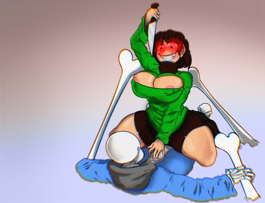 big_breasts blue_sweater bones breasts brown_hair brown_shorts chara chara_(undertale) glowing_eyes green_sweater karmatic karmatic_(artist) knife nipples_visible_through_clothing no_bra pink_nipples red_eyes sans sans_(undertale) simple_background skull slippers thick_thighs undertale undertale_(series)