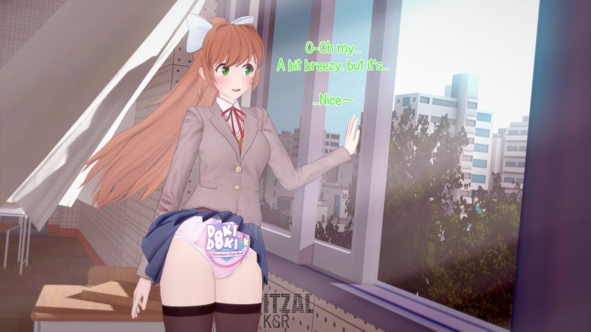 1girls alternate_version_at_source brown_hair childish_panties classroom doki_doki_literature_club english_text facing_viewer female green_eyes itzalksr logo_on_clothes looking_to_the_side monika_(doki_doki_literature_club) more_at_source panties print_panties school_uniform skirt skirt_lift solo standing wind wind_lift window
