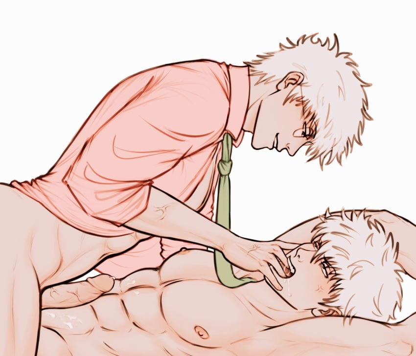 2boys anger_vein arms_up bottomless class_3-z completely_nude erect_nipples finger_in_another&#039;s_mouth gay gintama gintoki_sakata glasses looking_at_another male male_only muscular muscular_male necktie nude official_alternate_costume on_back penis selfcest sleeves_rolled_up smile so_so_sozoso teacher uncensored white_hair yaoi