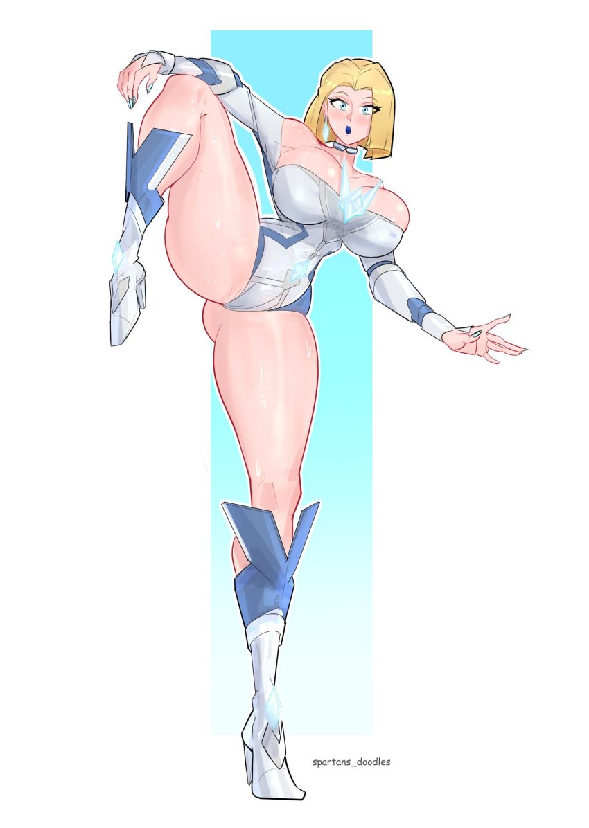1girls blonde_female blonde_hair blue_lipstick blue_nails bob_cut breasts emma_frost emma_frost_(marvel_rivals) female female_focus female_only hi_res large_breasts leotard light-skinned_female light_skin looking_at_viewer marvel marvel_comics marvel_rivals one_leg_up solo spartandoodles thick_thighs thighs wide_hips