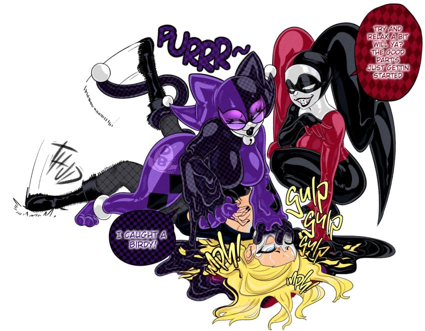 3girls black_canary black_lips blonde_hair body_invasion braces breasts catwoman dc dc_comics diceyboi female fishnet_legwear fishnets grin harley_quinn harley_quinn_(classic) harleyfication large_breasts latex oral_insertion quinnification restrained selina_kyle simple_background slime slime_girl swallowing