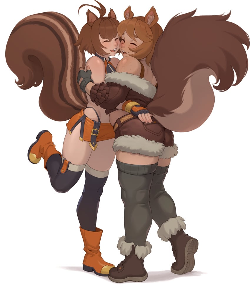 2girls blazblue cheshirrr female hug hugging makoto_nanaya marvel marvel_rivals simple_background smile squirrel_girl_(marvel) squirrel_girl_(marvel_rivals) tagme