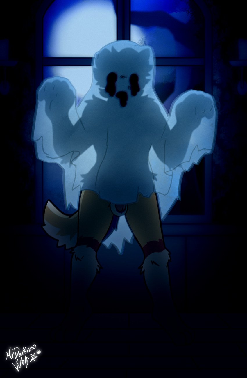 balls canid canine clothing digitigrade genitals ghost hi_res holidays humanoid_genitalia humanoid_penis male mammal mrdarknesswolf nude penis solo spirit translucent translucent_clothing