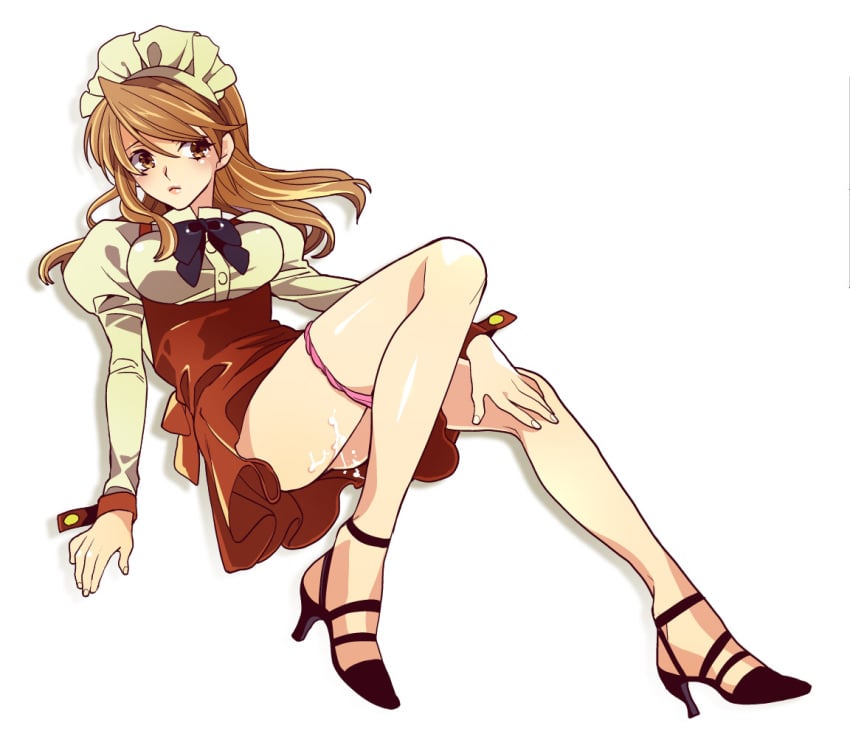 1girls anna_miller blush brown_eyes brown_hair cross_days cum cum_on_body female female_only high_heels human long_hair maid maid_headdress maid_outfit nyon panties panty_pull school_days shoes solo trap underwear uniform waitress wig