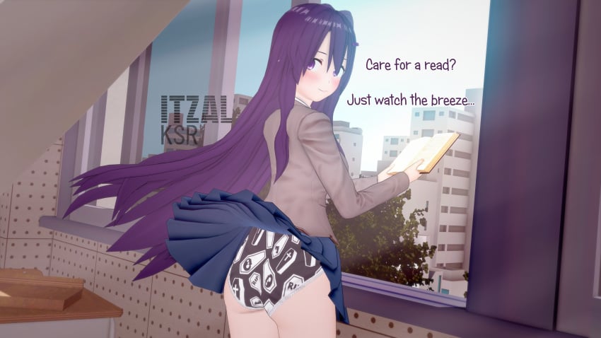 alternate_version_at_source childish_panties doki_doki_literature_club itzalksr more_at_source print_panties reading skirt_lift window yuri_(doki_doki_literature_club)