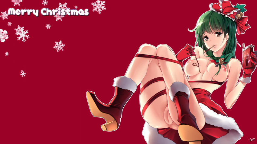 16:9 1girls boots breasts brown_eyes christmas cofepig fat_mons female gloves green_hair highres kagiyama_hina merry_christmas nipples no_panties nude pocky pussy ribbon solo touhou uncensored wallpaper