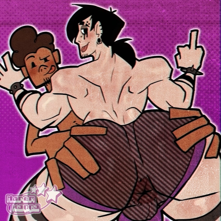 2boys anus_visible_through_clothes ass_focus big_ass big_bottom_small_top emo emo_boy grabbing_ass haremkappa male muscular muscular_male small_top_big_bottom tongue_out transparent_clothing